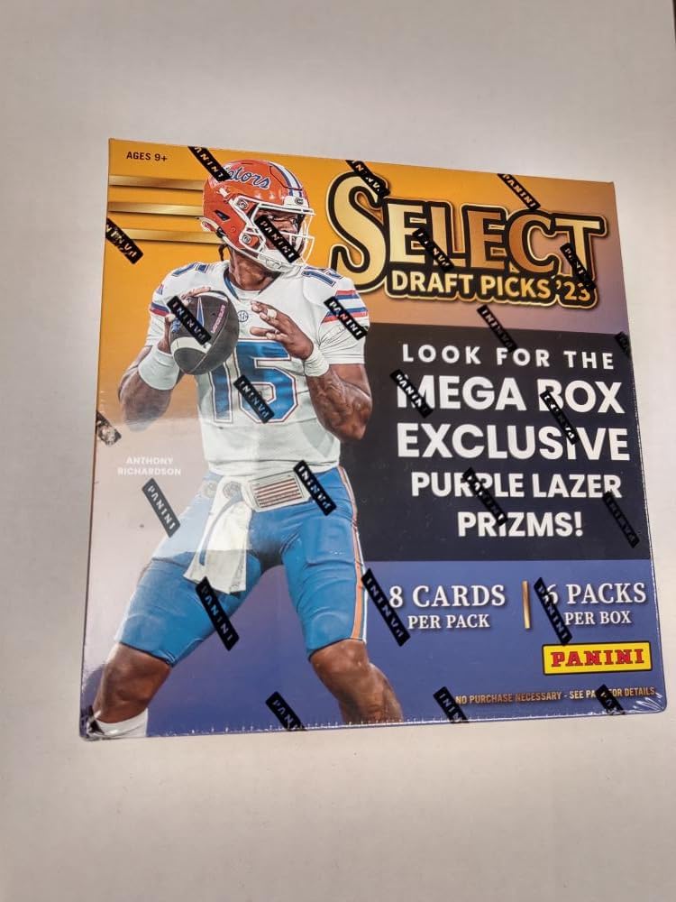 2023 Panini Select Draft Picks Collegiate Football Factory Sealed Mega Box 6 Packs of 8 Cards, 48 Cards in all Look for Mega Box Exclusive Purple Lazer Prizms as well as Green and Purple Squares Prizms Numbered to 100 Chase autographs and Parallels f