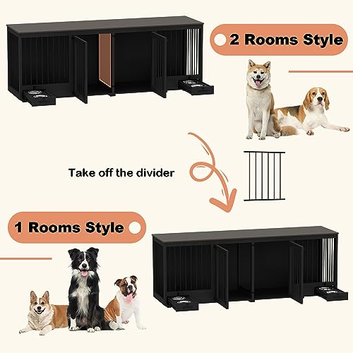 Large Wooden Dog Crate for 2 Dogs with Bowl Drawers, White F986