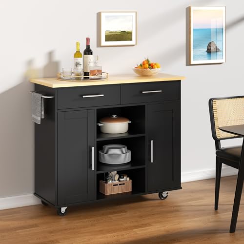Shintenchi Kitchen Island with Drop Leaf, Rolling Cart with Storage, White T972