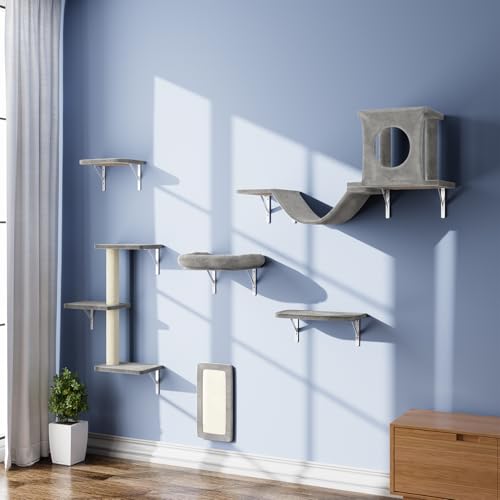 NUNU LAB Wall Mounted Cat Furniture, 7 Pcs Cat Wall Shelves with House, Gray T582052