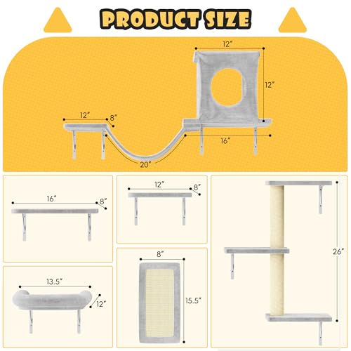 NUNU LAB Wall Mounted Cat Furniture, 7 Pcs Cat Wall Shelves with House, Gray T582052