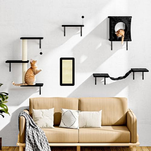 NUNU LAB Wall Mounted Cat Furniture, 7 Pcs Cat Wall Shelves with House, Gray T582052