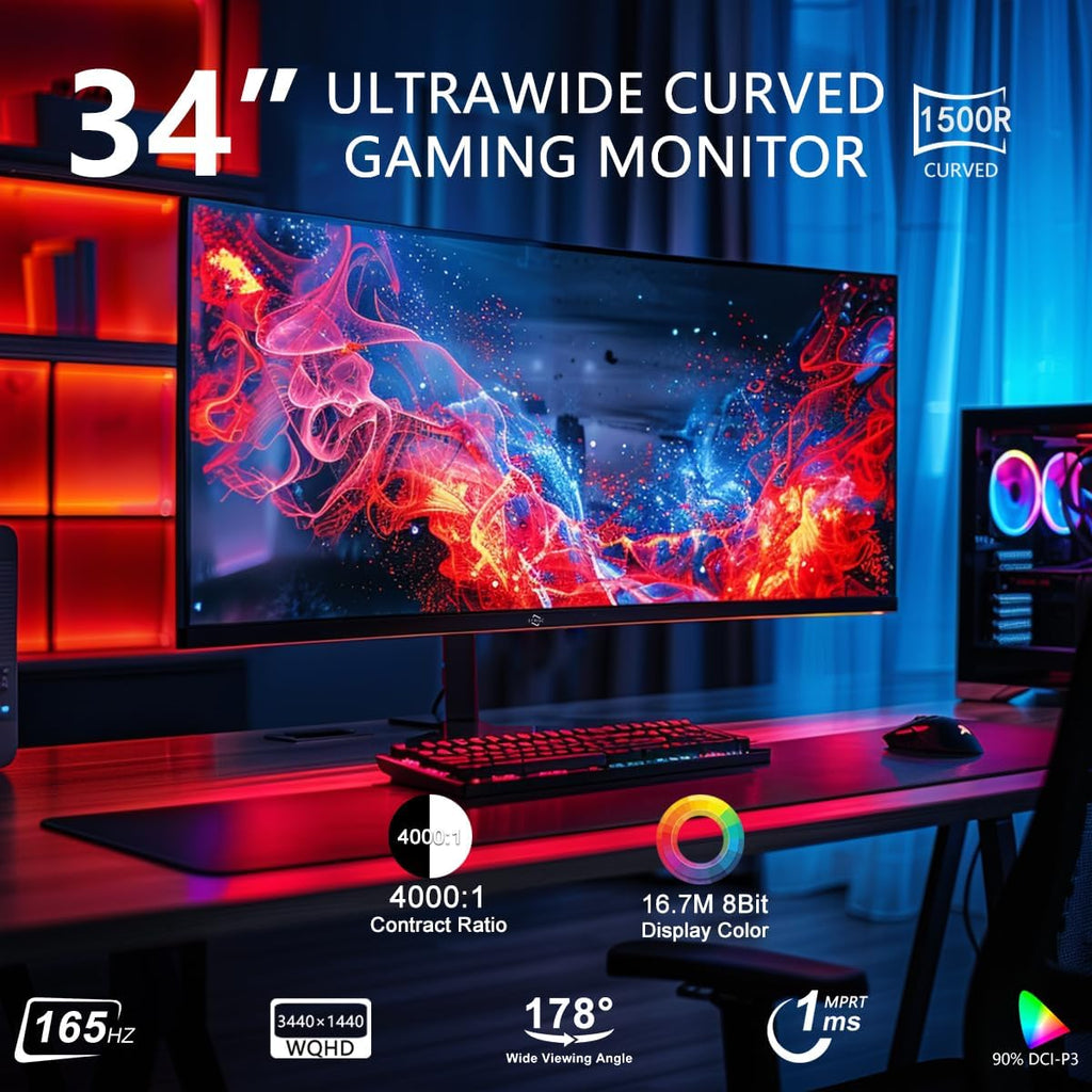34 Inch Ultrawide Curved Gaming Monitor UWQHD 165Hz Frameless RIQ34-4K165HZ G758061