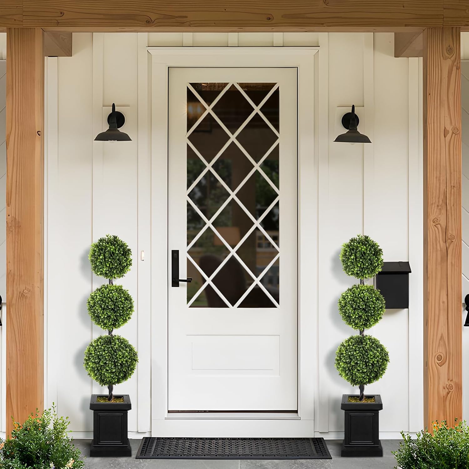 Artificial Topiary Outdoor Set of 2, 3.5ft Boxwood Trees with Sturdy Pot Z761