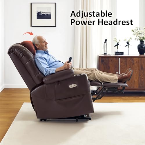 MCombo Large Triple Motor Power Lift Recliner Chair with Massage and Dual Heating, Faux Leather, Dark Brown X979