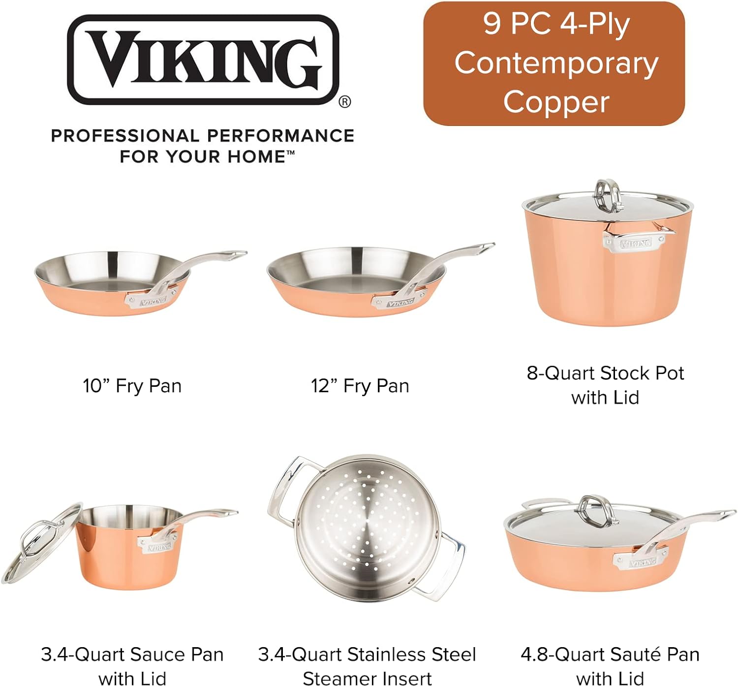 Viking Culinary 4-Ply Copper Clad Cookware Set, 9 Piece, Oven Safe B51011