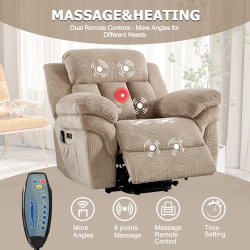 CANMOV 46" Wide Power Lift Recliner Chair for Elderly, with Massage and Heat, Light Brown K346927