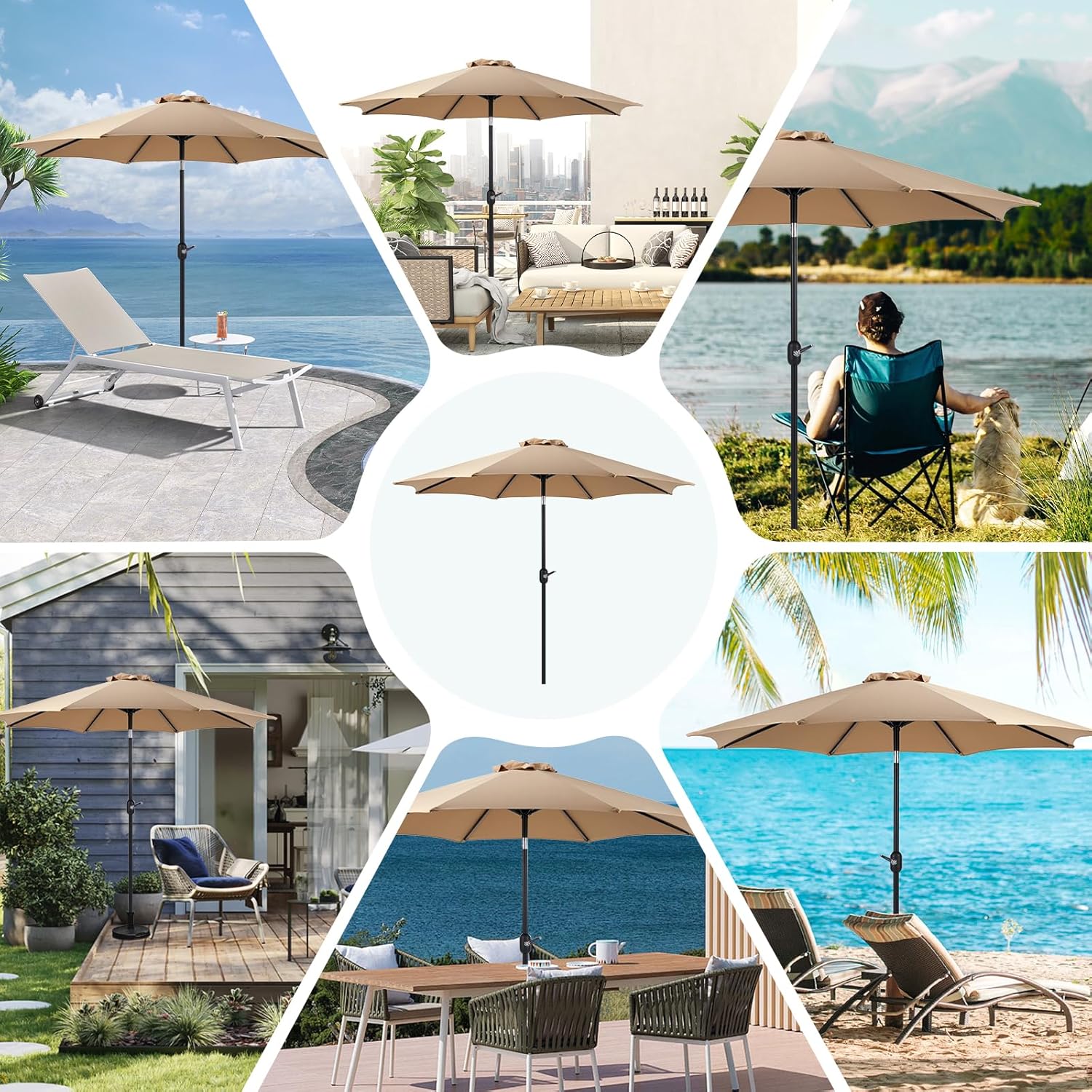 OLIXIS 9' Outdoor Patio Umbrella with Push Button Tilt and Crank, Tan Y991