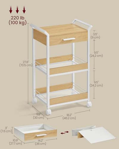 VASAGLE 4-Tier Rolling Utility Cart with Table Top, Lockable Casters, Rustic Brown and Ink Black L57262