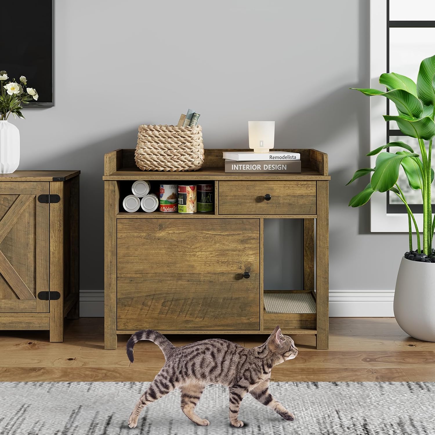 Wooden Cat Litter Box Enclosure with Shelves and Drawer G29596
