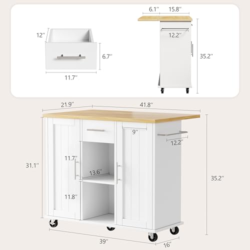 Shintenchi Kitchen Island with Drop Leaf, Rolling Cart with Storage, White T972