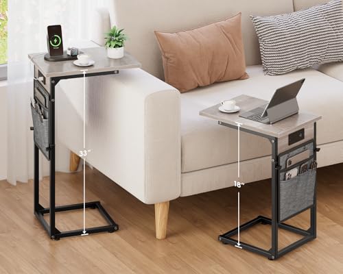 Vagusicc C Shaped End Table with Charging Station, Adjustable Height, Brown C747005