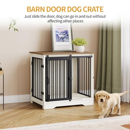 Dog Crate Furniture with Barn Door for Small Medium Dogs, Rustic Brown P911