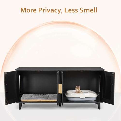 Homhedy Boho Cat Litter Box Enclosure for 2 Cats with Rattan Doors, Natural U829