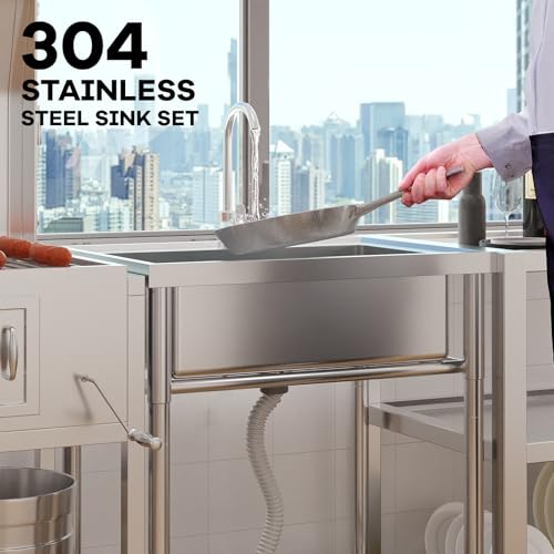 Stainless Steel Freestanding Utility Sink with Faucet and Drainboard E709258