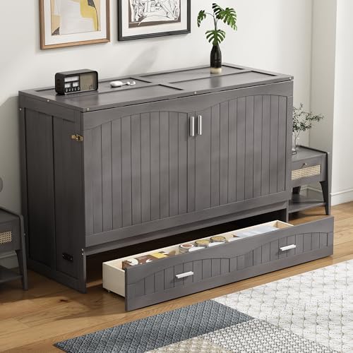 Ball & Cast Murphy Bed Queen Size Wall Chest with Charging Station and Storage Drawer, Gray J8503