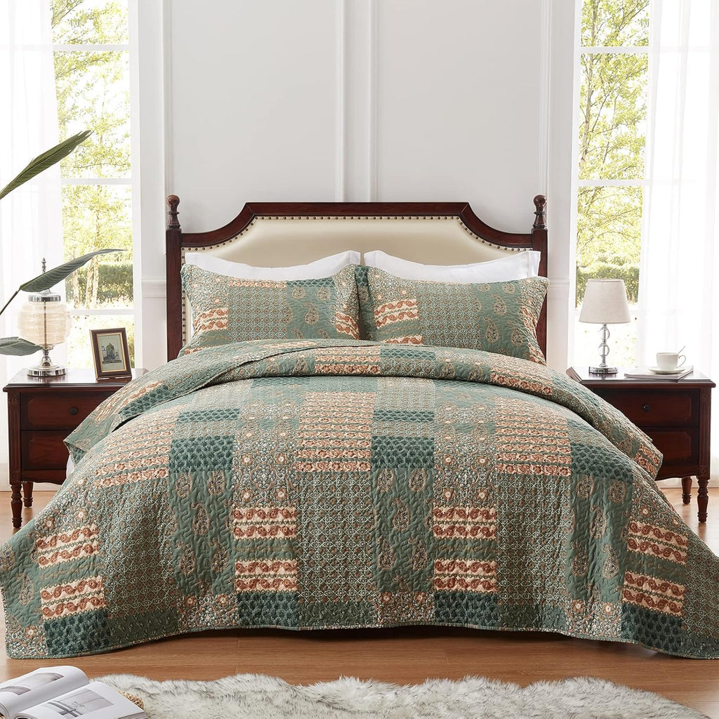 LEAONME Quilt Set Full/Queen Floral Paisley Olive Green with 2 Pillow Shams X85767