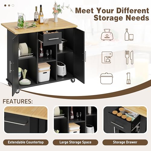 Shintenchi Kitchen Island with Drop Leaf, Rolling Cart with Storage, White T972