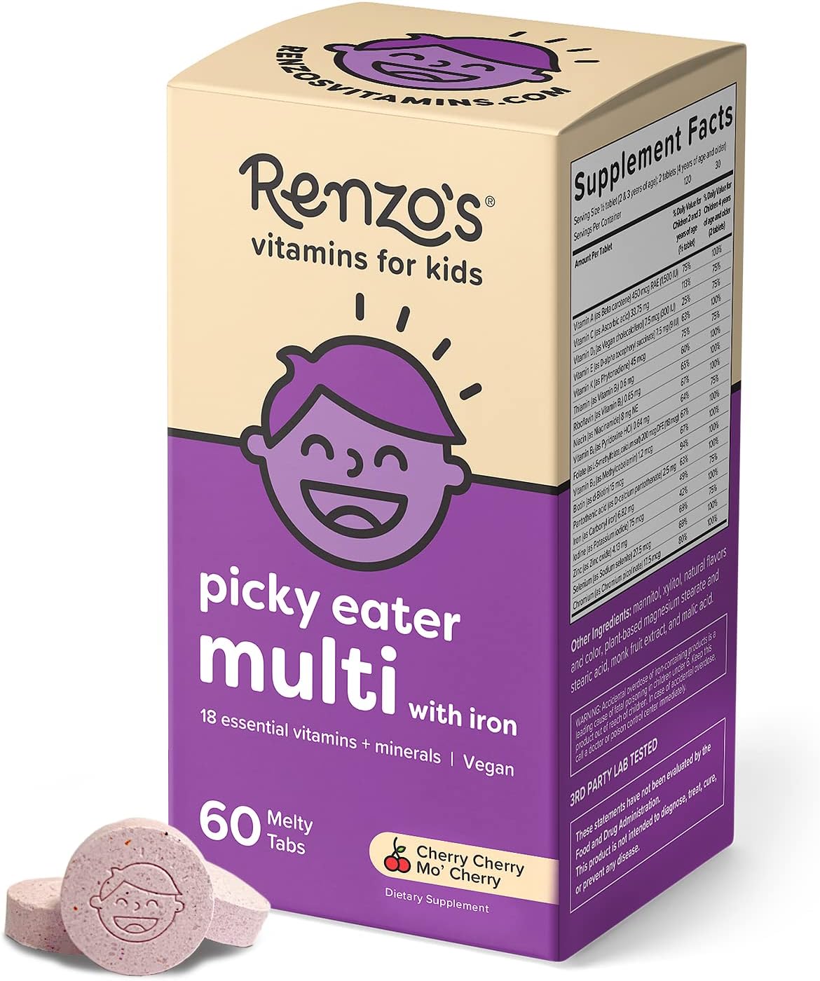 Renzo's Picky Eater Kids Multivitamin with Iron - Dissolving Kids Vitamins with Vitamin D3 & K2 and More - 60 Sugar-Free Melty Tabs, Cherry Cherry Mo’ Cherry Flavored