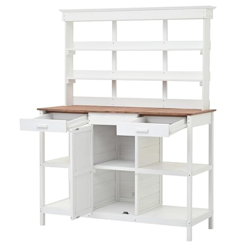 Outdoor Wooden Potting Bench Table with Drawers and Storage Shelves C672480