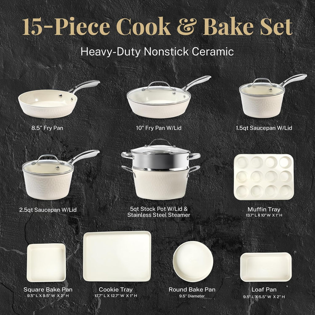 Gotham Steel Hammered 15 Piece Non Stick Ceramic Cookware Set, Cream White H772