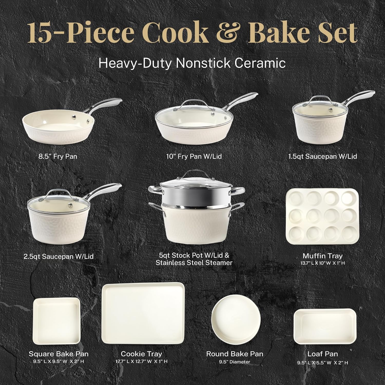 Gotham Steel Hammered 15 Piece Non Stick Ceramic Cookware Set, Cream White H772