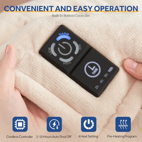 SEALY Heated Blanket Throw, Reversible Flannel to Sherpa, 4 Heat Levels, 50x60 in, Beige N152