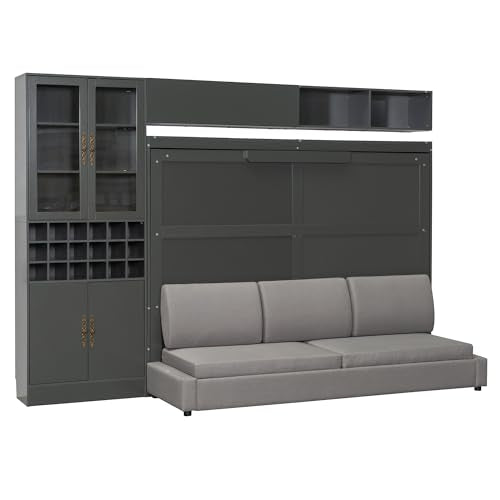 MERITLINE Queen Murphy Bed with Couch and Storage Shelves, LED Light, White J578