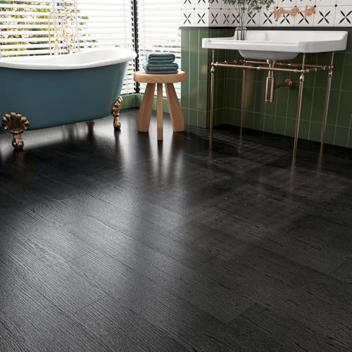 FunStick 17-Pack 6"x36" Peel and Stick Floor Tile Black Wood Luxury Vinyl Plank Flooring Waterproof Dark Wood Floor Tiles for Bathroom Kitchen Basement Laminate Vinyl Flooring Peel and Stick Tiles