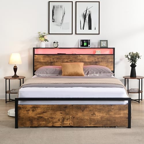 Full Bed with Storage Headboard and 2 Drawers, Full Size Bed Frame with LED Lights & Built-in USB Charging Stations, Metal Platform Bed, No Box Spring Needed, Easy Assemble