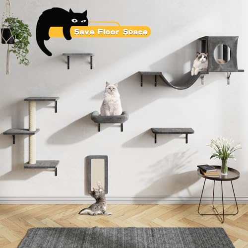 NUNU LAB Wall Mounted Cat Furniture, 7 Pcs Cat Wall Shelves with House, Gray T582052