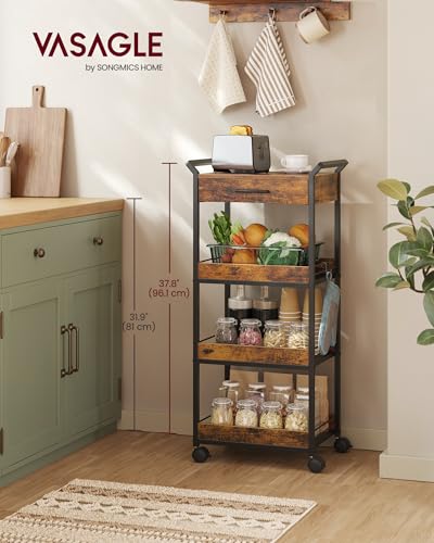 VASAGLE 4-Tier Rolling Utility Cart with Table Top, Lockable Casters, Rustic Brown and Ink Black L57262