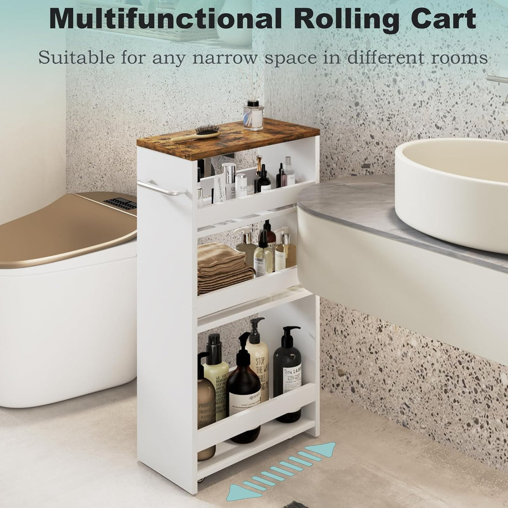 MARTY Slim Rolling Storage Cart 4-Tier Wood White Kitchen Cart with Wheels Q31344