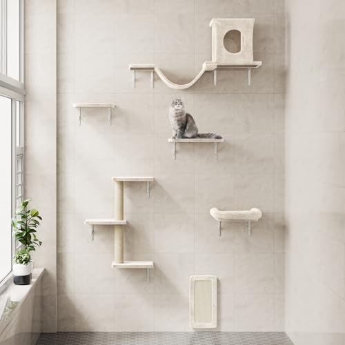NUNU LAB Wall Mounted Cat Furniture, 7 Pcs Cat Wall Shelves with House, Gray T582052