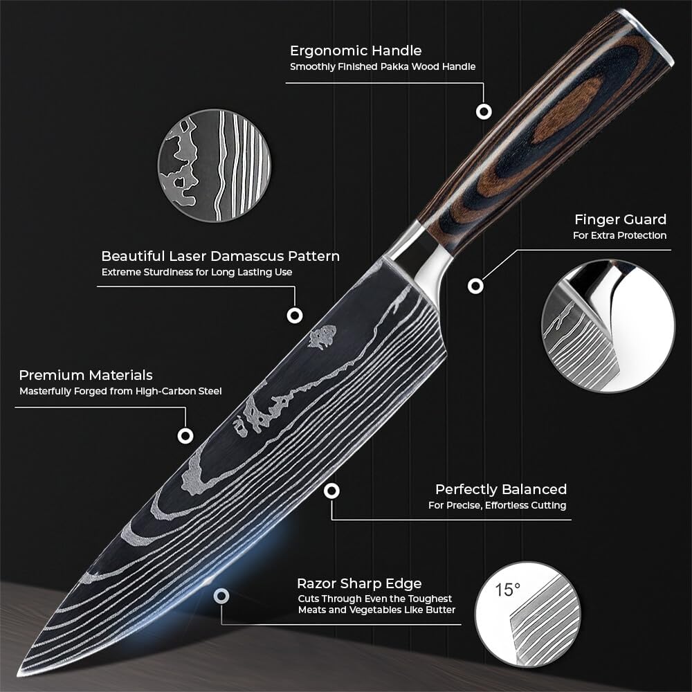 SENKEN 8-Piece Japanese Kitchen Knife Set with Damascus Pattern L817050