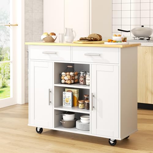 Shintenchi Kitchen Island with Drop Leaf, Rolling Cart with Storage, White T972