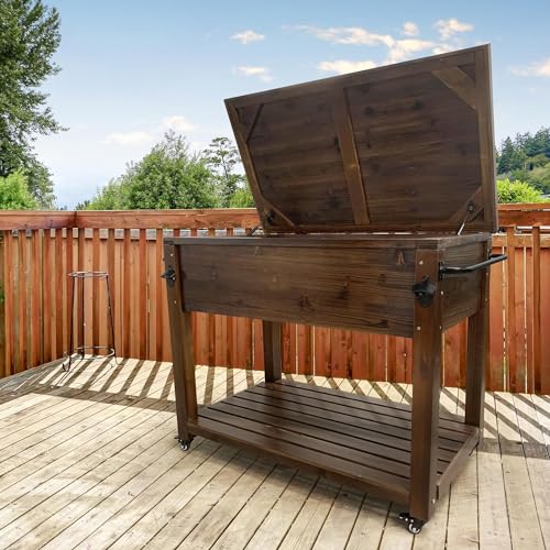 Wooden Patio Cooler Rolling Cart with Wheels, Bottle Opener, 100-Quart A729349