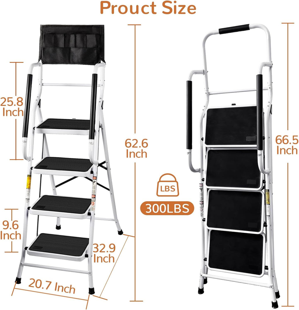 4 Step Ladder with Handrails and Tool Bag, 300 lb Capacity, White Q690818
