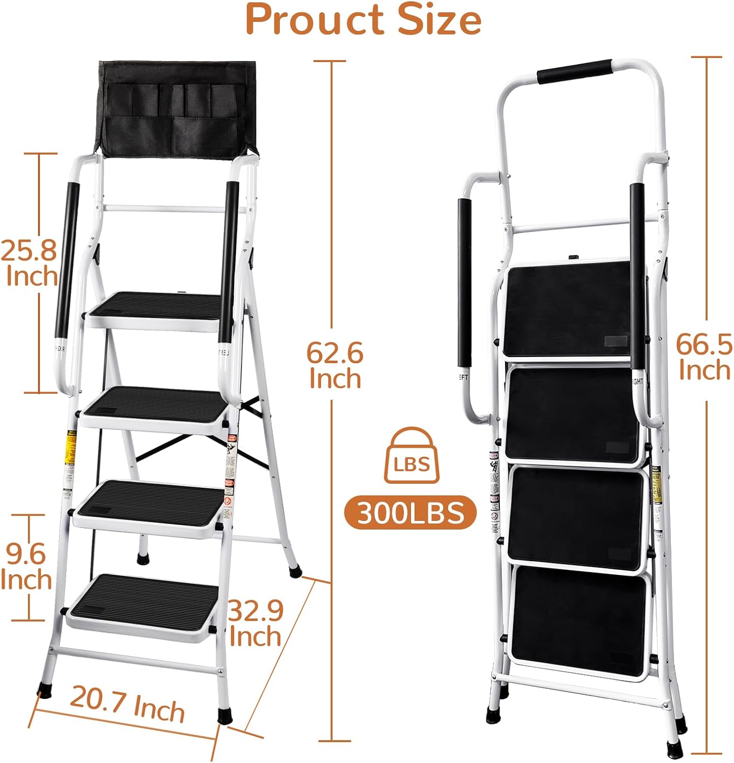 4 Step Ladder with Handrails and Tool Bag, 300 lb Capacity, White Q690818
