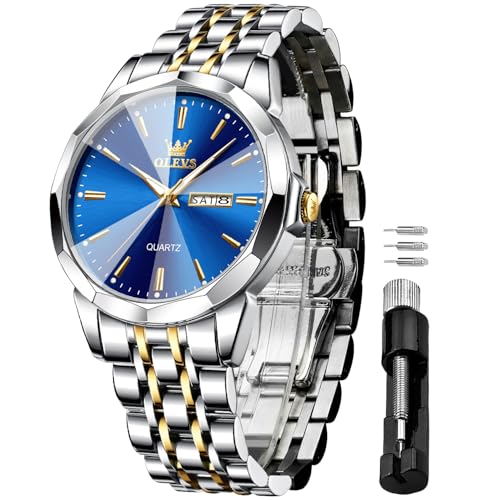 OLEVS Watches for Men Waterproof Diamond Business Luxury Dress Analog Quartz Stainless Steel Luminous Day Date Two Tone Casual Men's Wrist Watches Gift