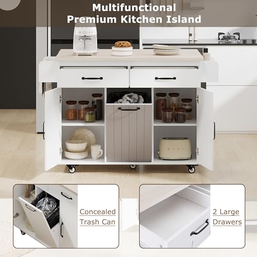 Kitchen Island Cart with Trash Can Storage and Drop Leaf B558974