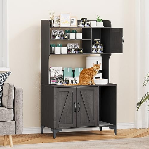 Cat Litter Box Furniture,Hidden Cat Box Enclosure with Shelf Storage, Wood Sturdy Cat Washroom Storage, Indoor Cat House Furniture, Grey