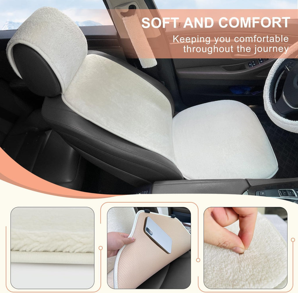 2 Pack Short Plush Sheepskin Car Front Seat Cover Set with Steering Wheel Cover and Seat Belt Pad, White L102223