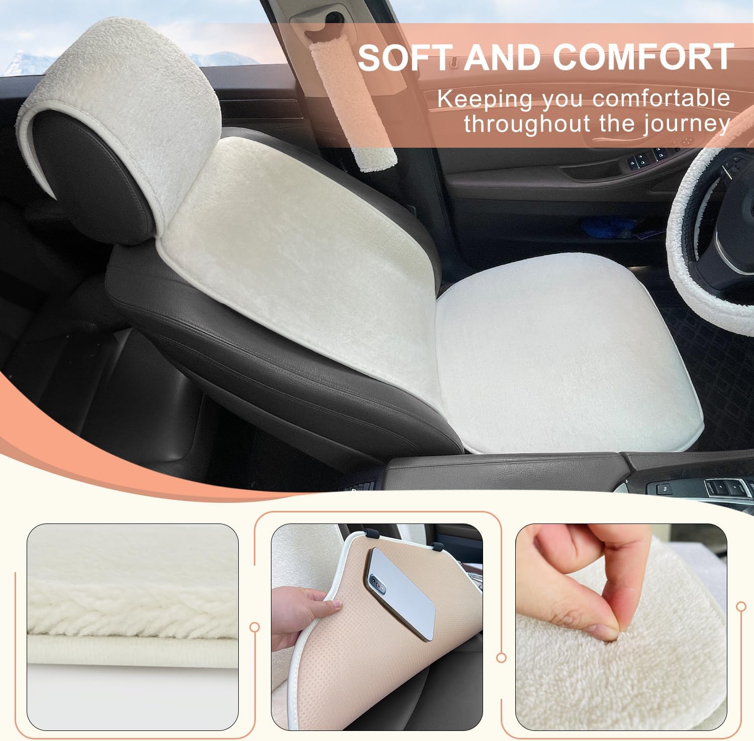 2 Pack Short Plush Sheepskin Car Front Seat Cover Set with Steering Wheel Cover and Seat Belt Pad, White L102223