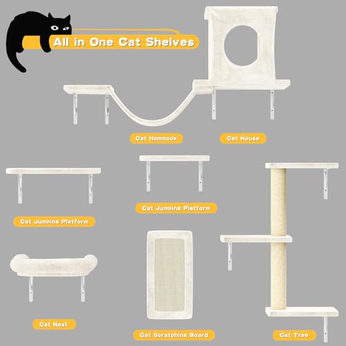 NUNU LAB Wall Mounted Cat Furniture, 7 Pcs Cat Wall Shelves with House, Gray T582052