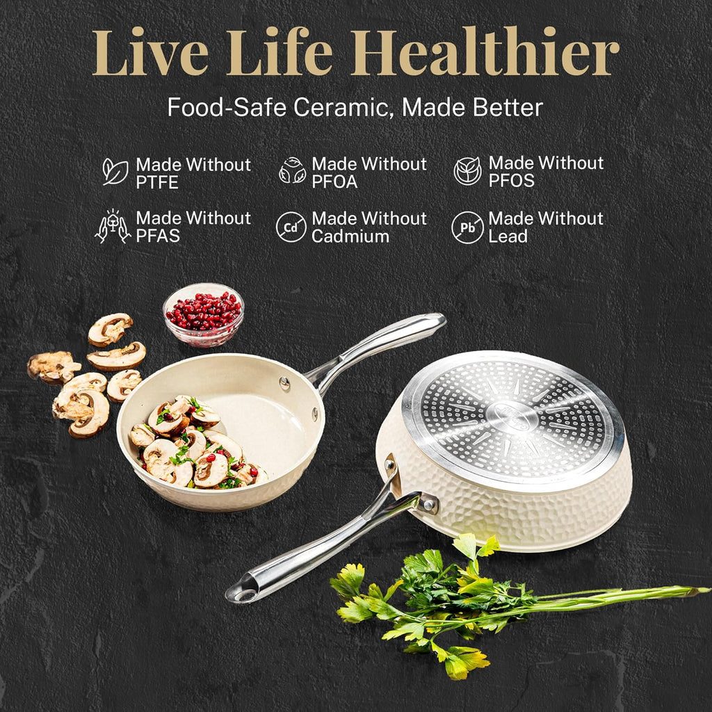 Gotham Steel Hammered 15 Piece Non Stick Ceramic Cookware Set, Cream White H772