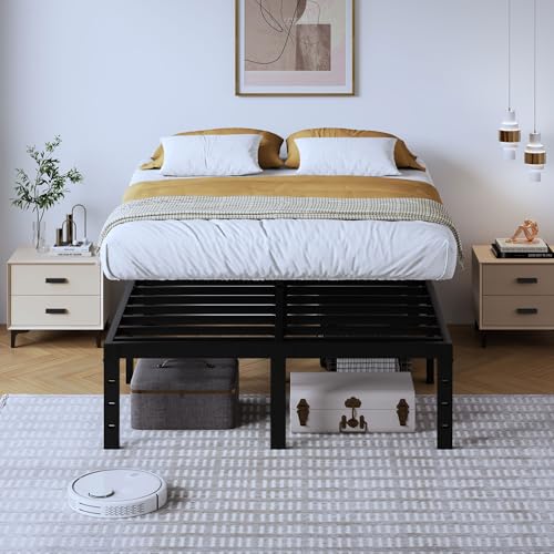 Full Metal Bed Frame 14 Inch Tall Heavy Duty Black Steel Slats Platform J736200