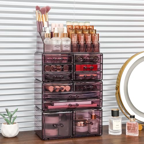 Cq Acrylic Makeup Organizer Large Clear Cosmetic Storage Box with 11 Drawers, Set of 4 Y4364