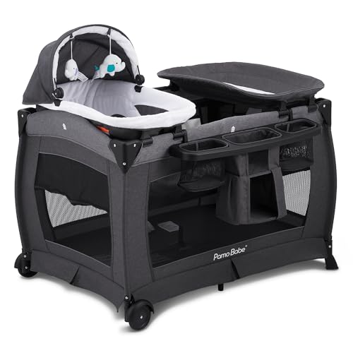 Pamo Babe Playard Deluxe Nursery Center, Foldable Playpen for Baby & Toddler, Bassinet, Mattress, Changing Table for Newborn (Grey)