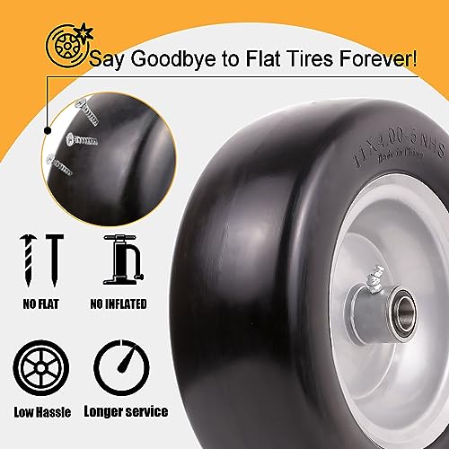 11x4.00-5 Flat Free Solid Lawn Mower Tires with Wheels and Bearings, 2 Pack N22379